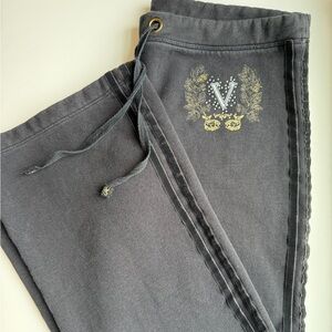 Victoria's Secret Med Black Lounge Pants with Gold Crest Velvet Trim Side